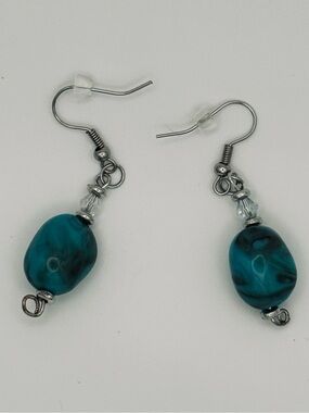Teal Swirl Bead Dangle Earrings with Silver Accents - Women Jewelry
